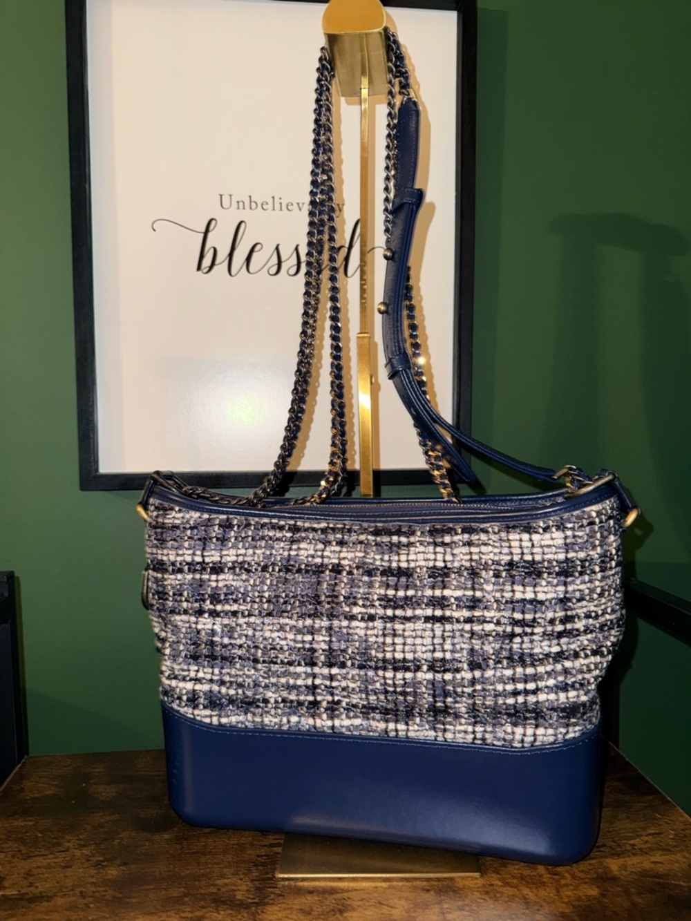 CHANEL Gabrielle Blue Tweed and Leather Chain Shoulder Bag